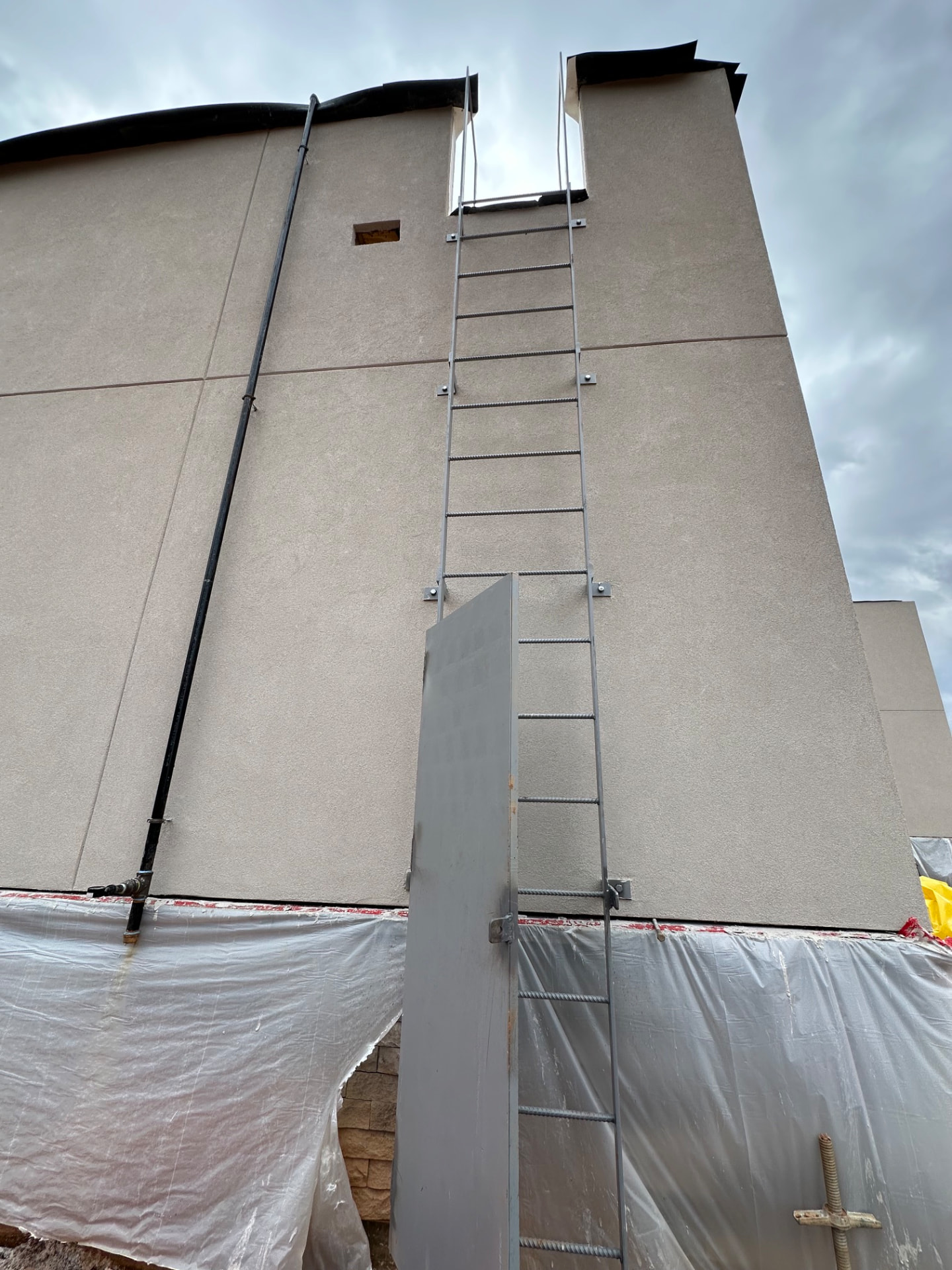 Roof access ladder with safety cage