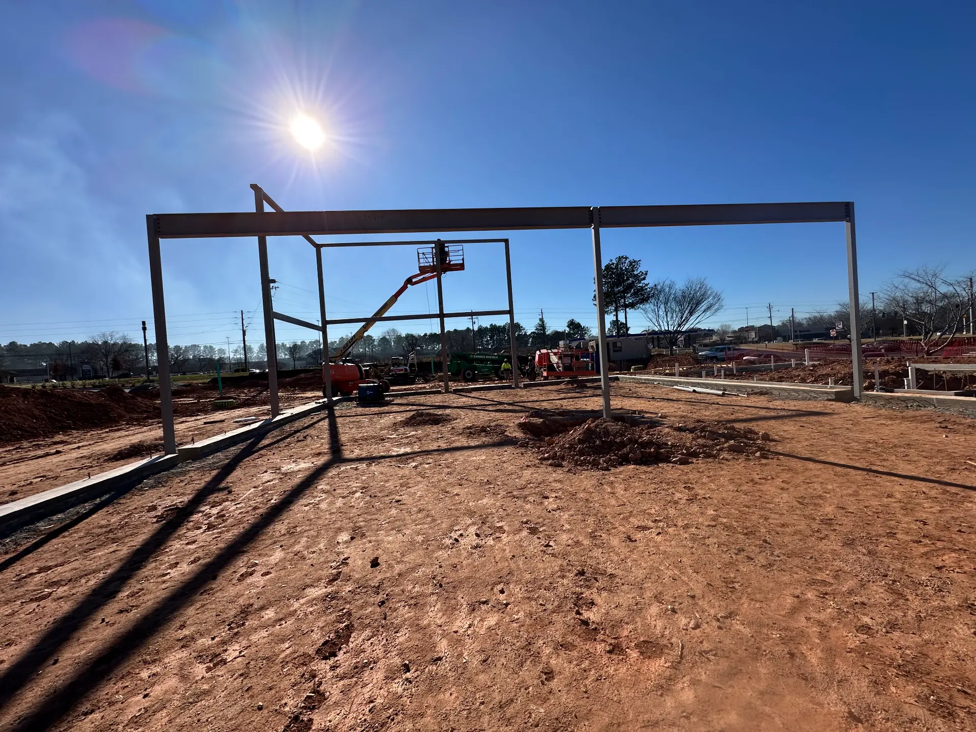Steel column and beam frame erected on a commercial site